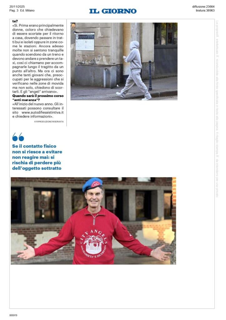 Mario Furlan, fondatore dei City Angels e dell'autodifesa istintiva, tiene corsi anti maranza a Milano.